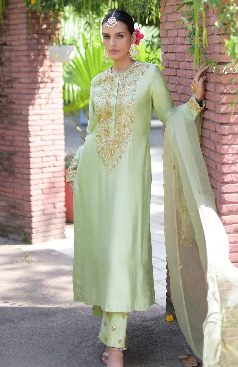 Pista Green Marori Beads & Sequin Hand Embroidered Kurta Set