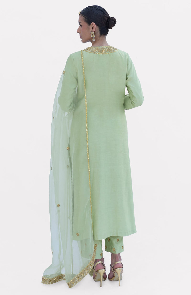 Pista Green Marori Beads & Sequin Hand Embroidered Kurta Set