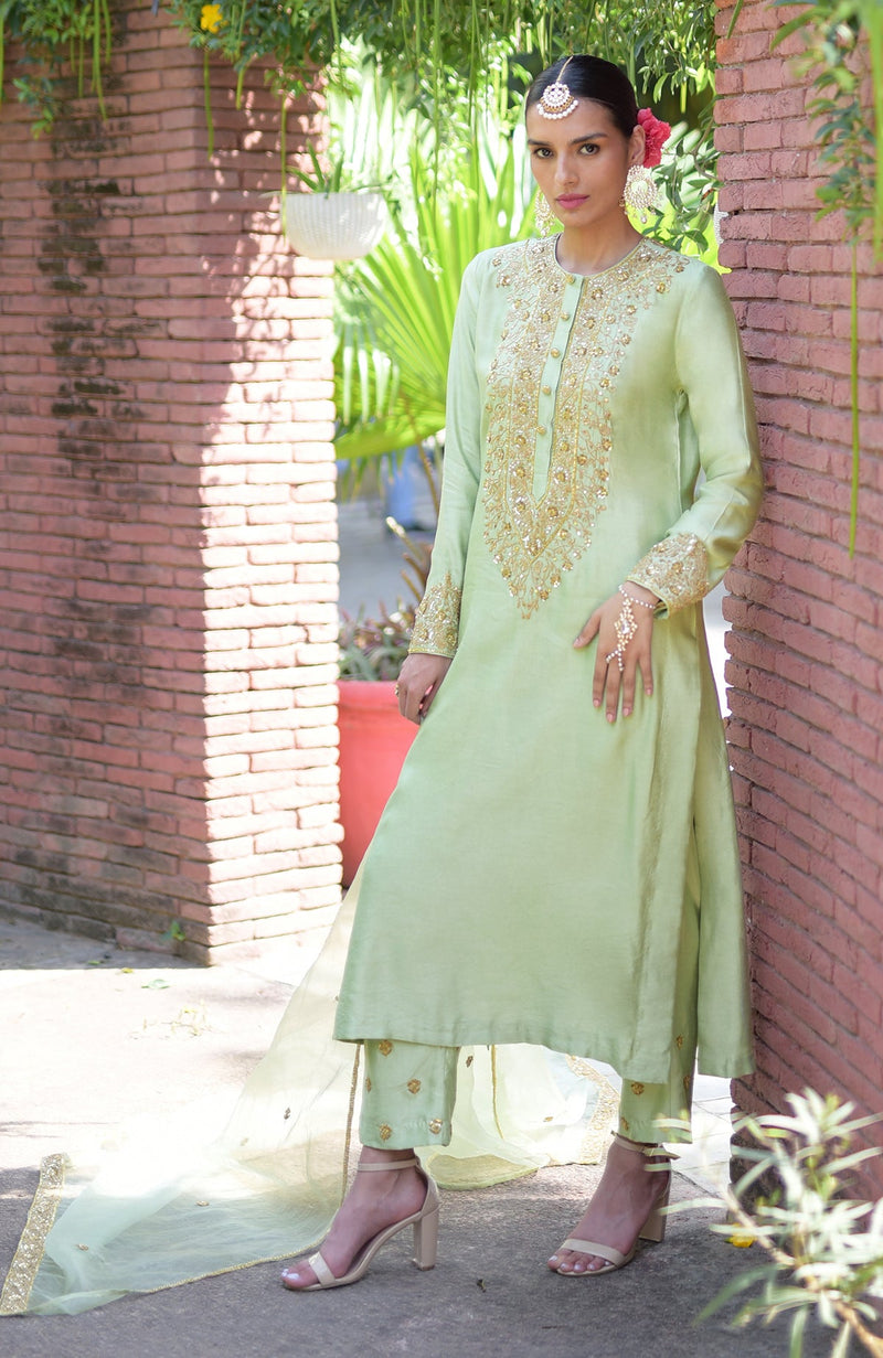 Pista Green Marori Beads & Sequin Hand Embroidered Kurta Set