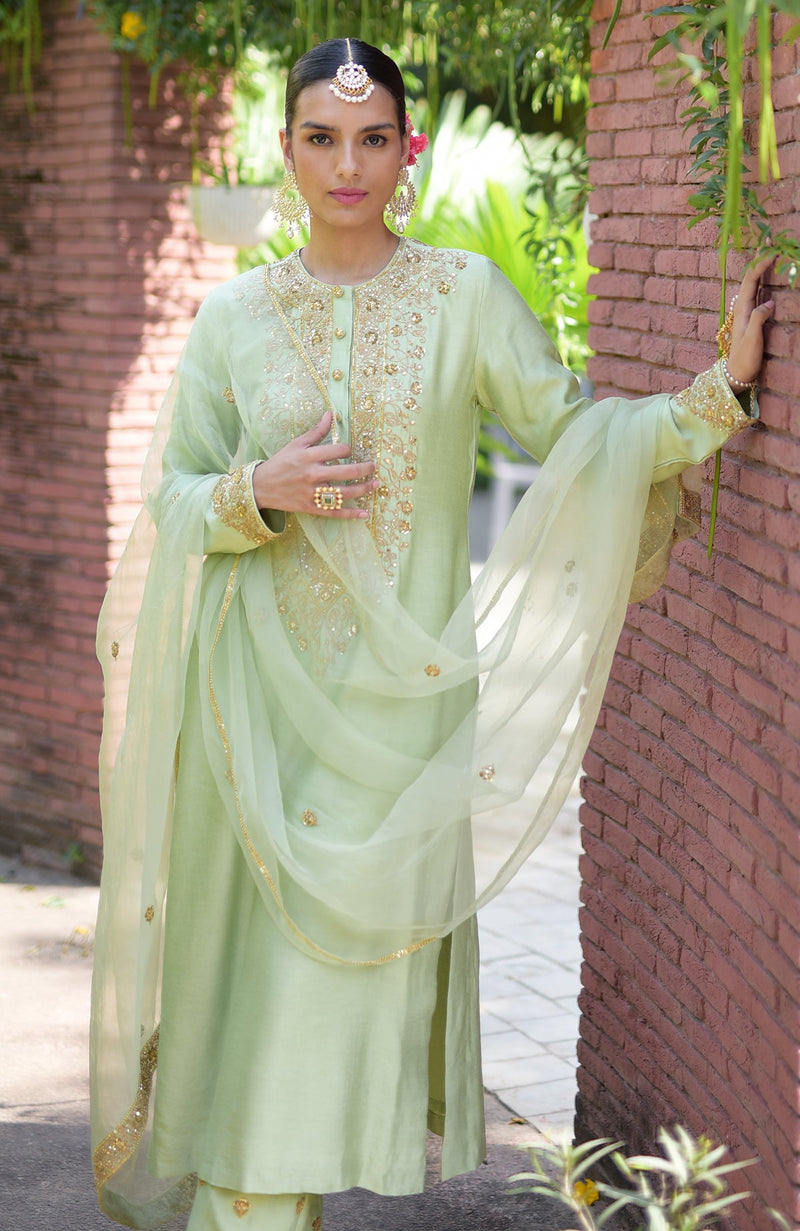 Pista Green Marori Beads & Sequin Hand Embroidered Kurta Set