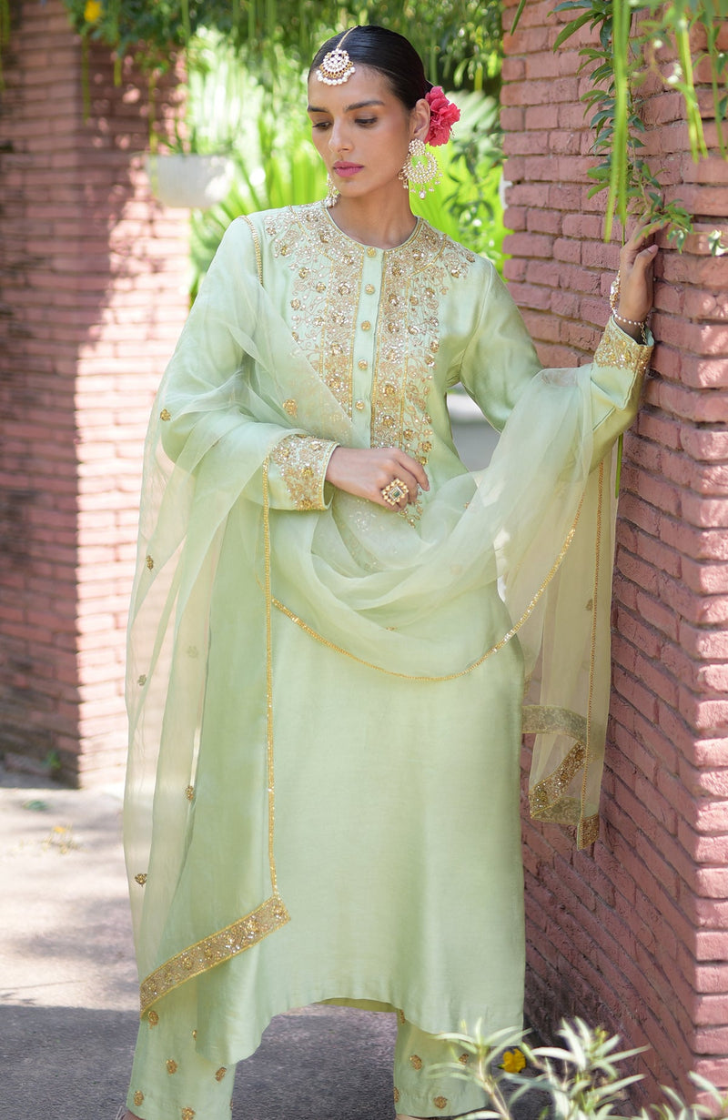 Pista Green Marori Beads & Sequin Hand Embroidered Kurta Set