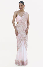 Sea Shells White-Pink Hand Embroidered Draped Saree Set