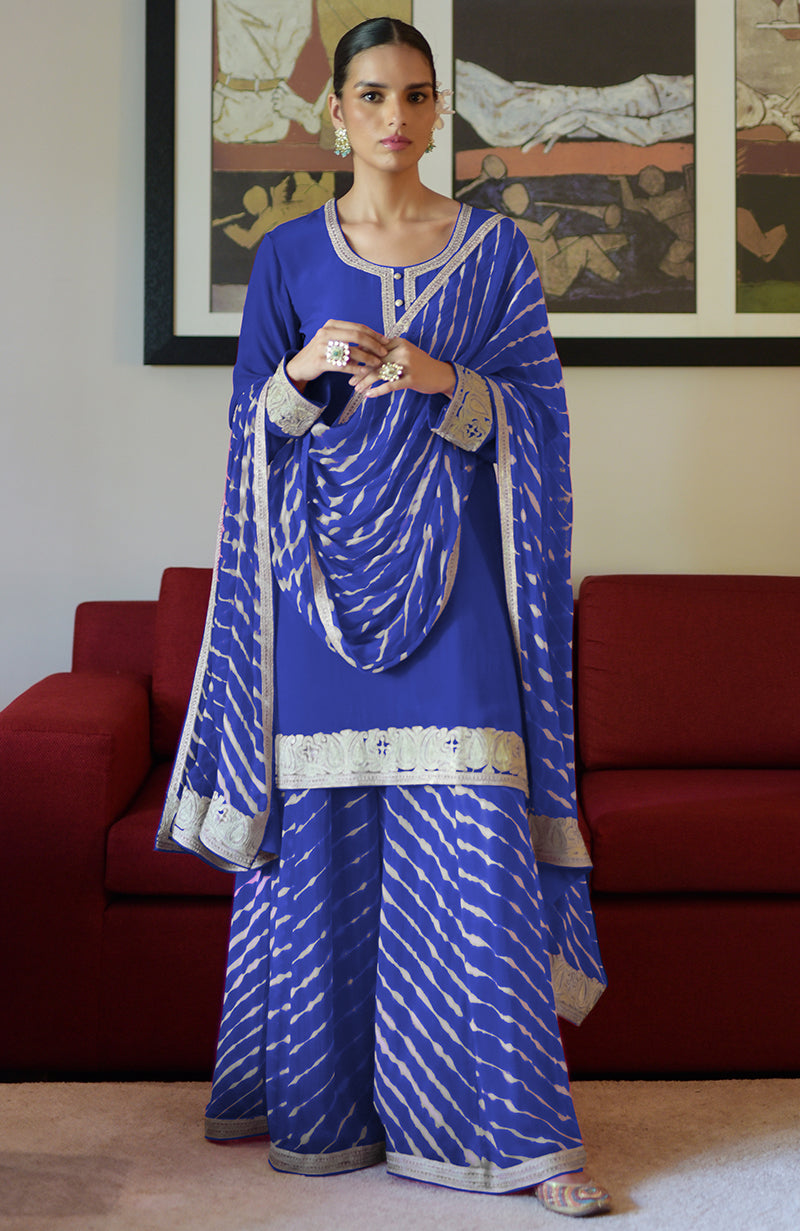 Royal Blue Leheriya Handcrafted Tie Dye & Kashmiri Tilla Sharara Set