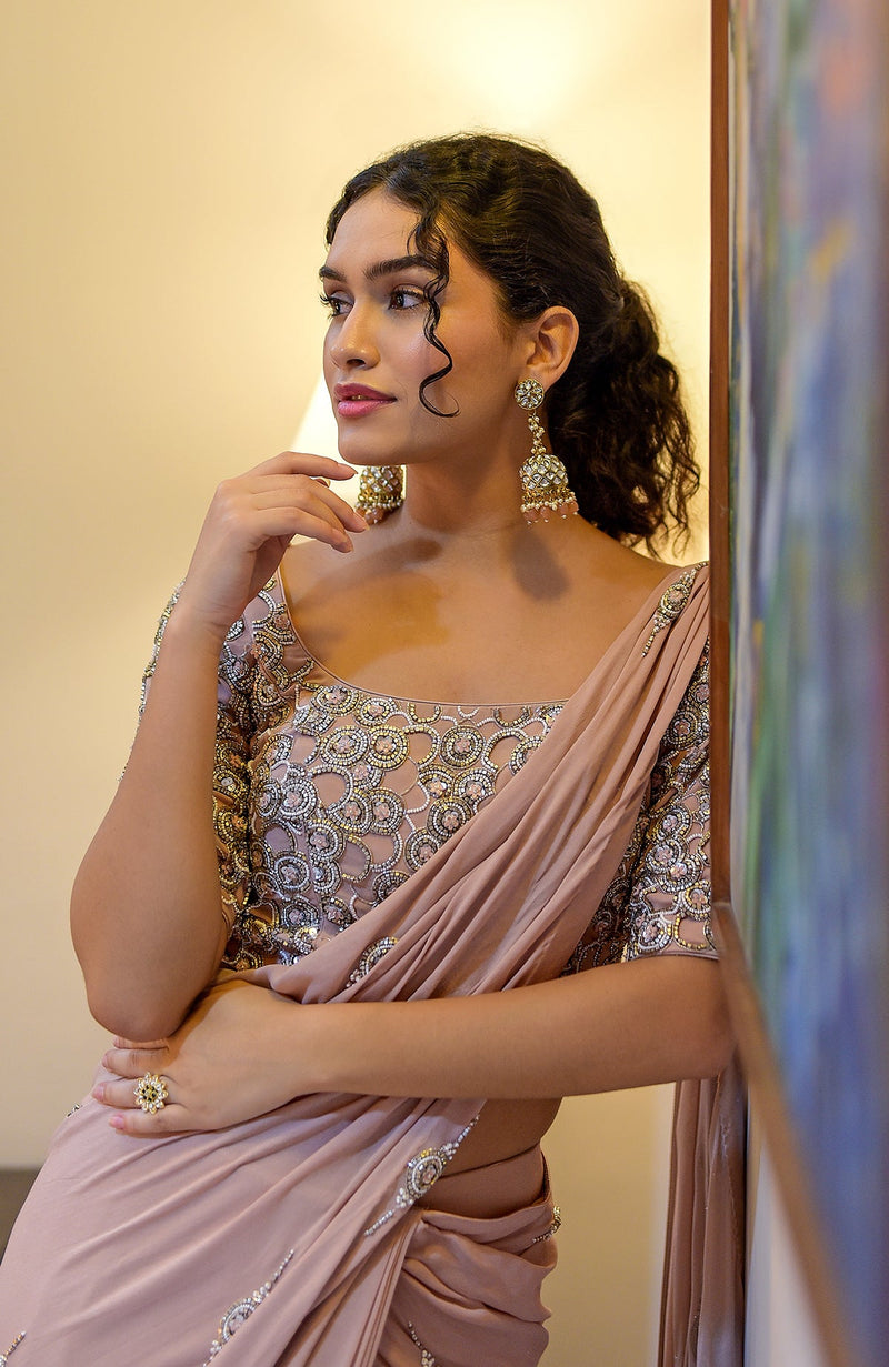 Metal Chakra Nude Hand Embroidered Pre-Draped Saree