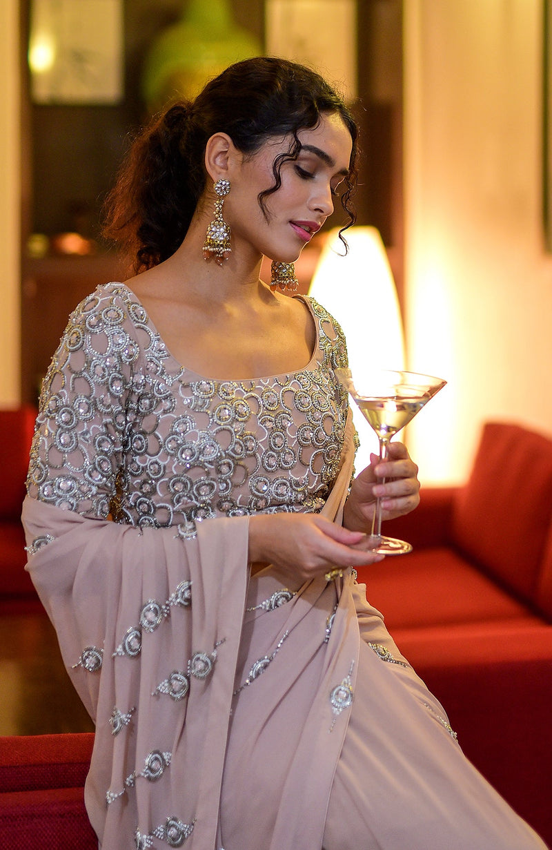 Metal Chakra Nude Hand Embroidered Pre-Draped Saree
