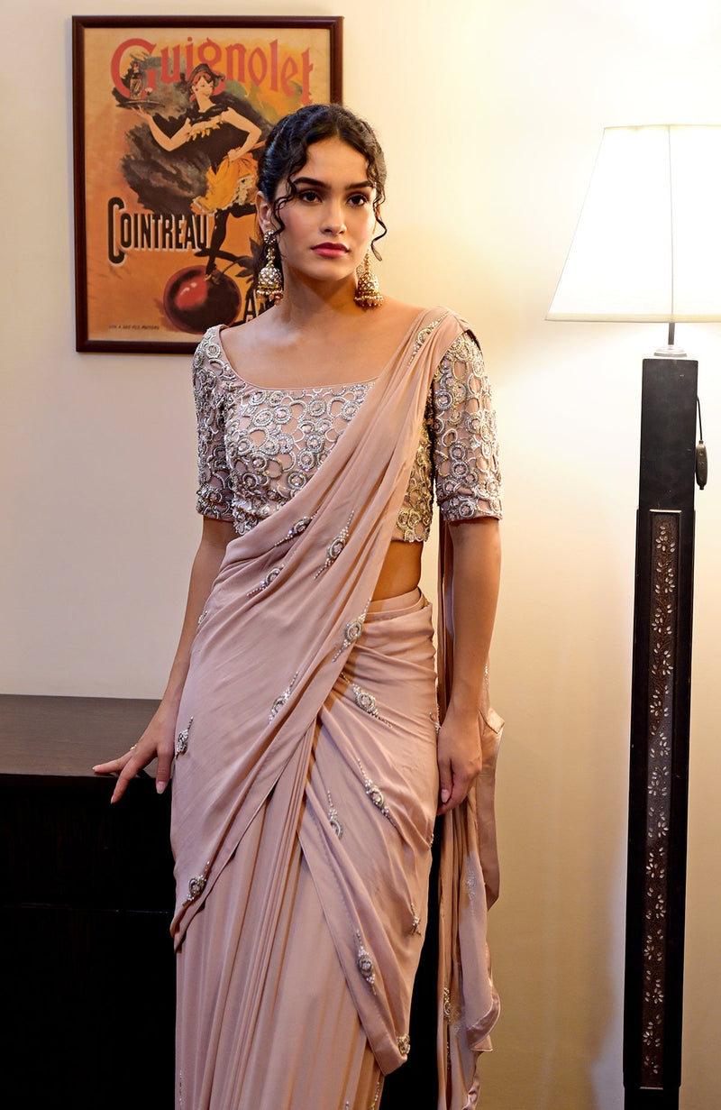 Metal Chakra Nude Hand Embroidered Pre-Draped Saree
