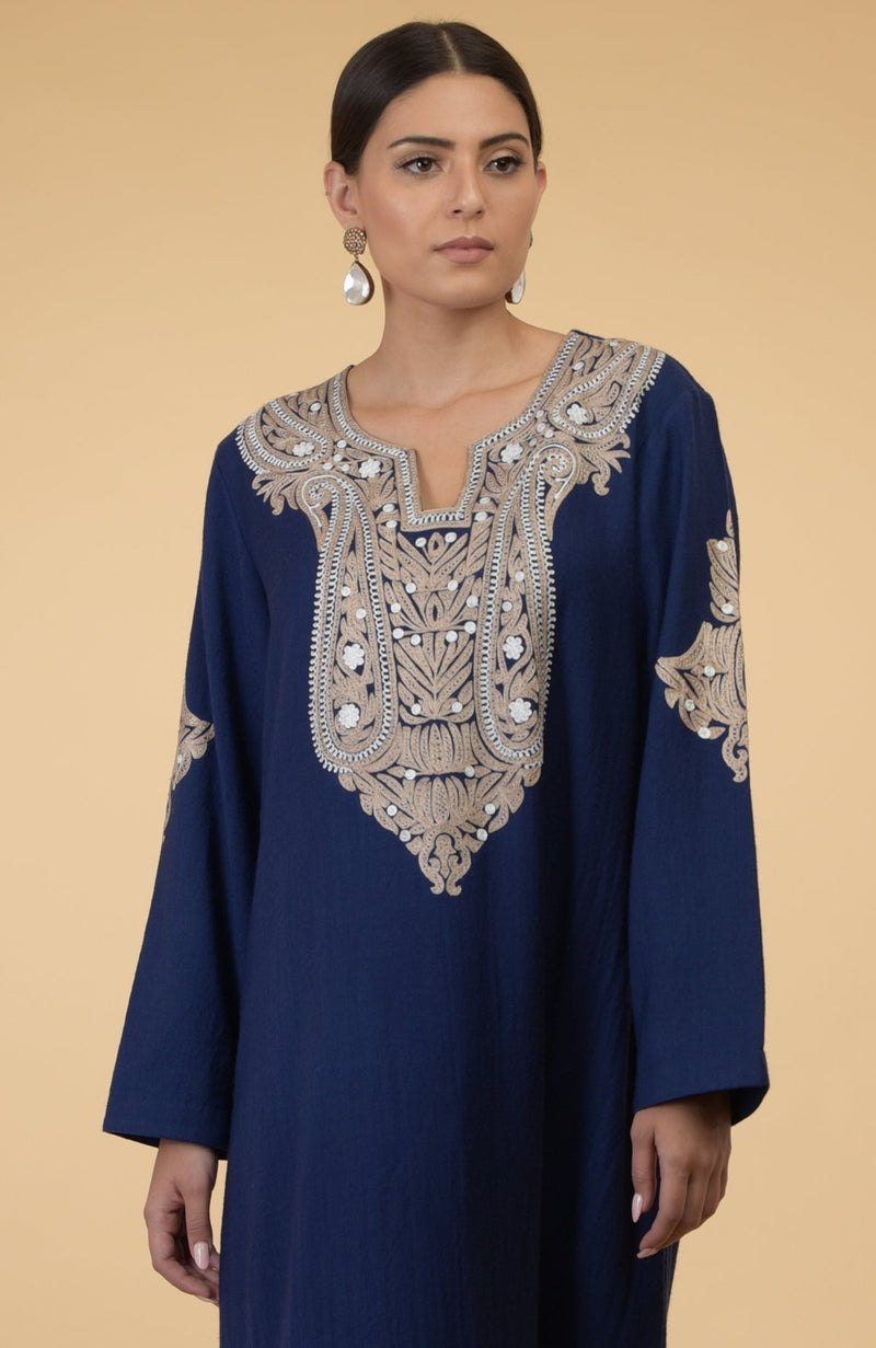 Navy Blue Paisley Embroidered Kaftan