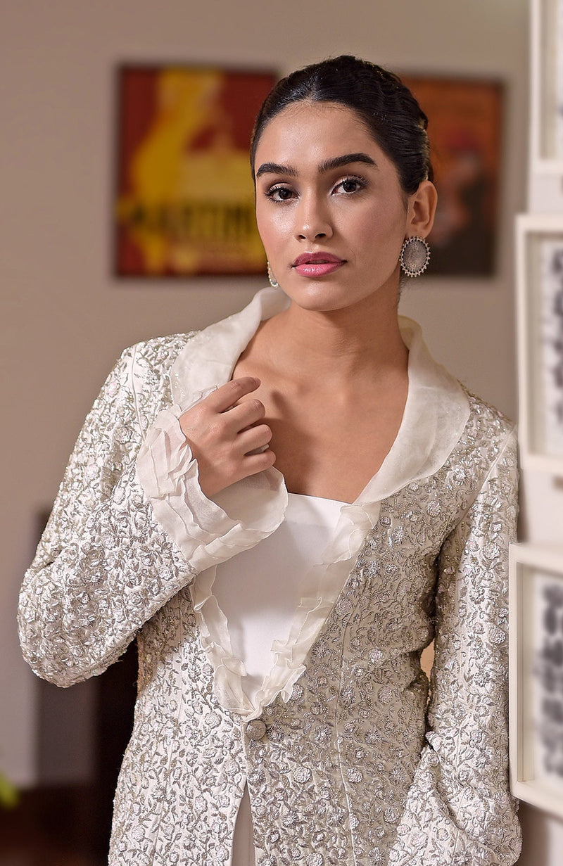 White Frost Hand Embroidered Jacket with Jumpsuit – Talking