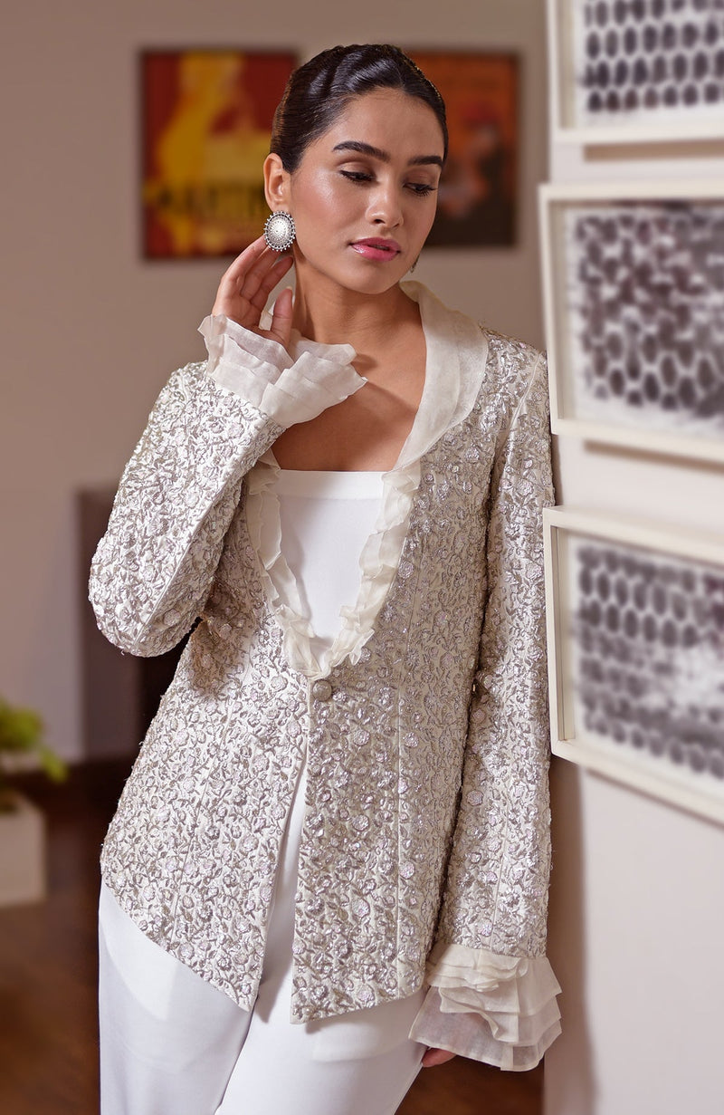 White Frost Hand Embroidered Jacket with Jumpsuit