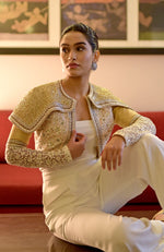 White-Gold Hand Embroidered Jacket with Jumpsuit