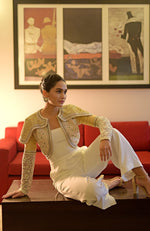 White-Gold Hand Embroidered Jacket with Jumpsuit