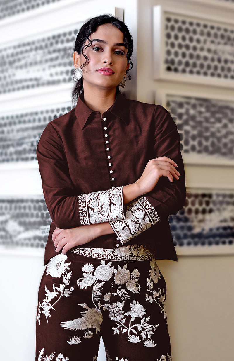 Marsala Parsi Gara Embroidered Co-Ord Set