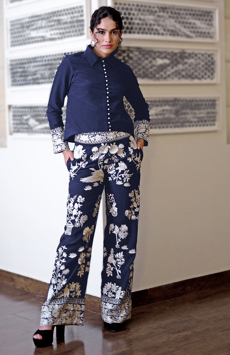Navy Blue Parsi Gara Embroidered Co-Ord Set
