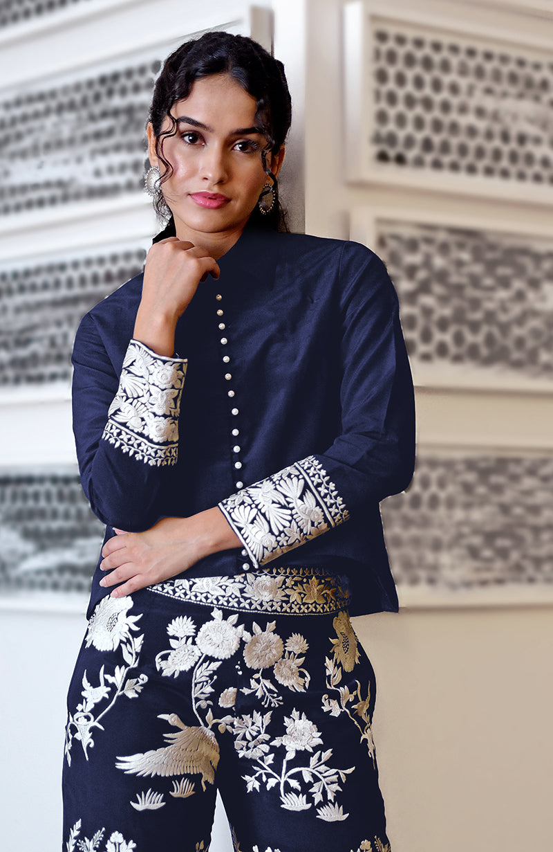 Navy Blue Parsi Gara Embroidered Co-Ord Set