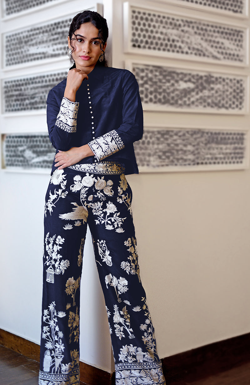 Navy Blue Parsi Gara Embroidered Co-Ord Set