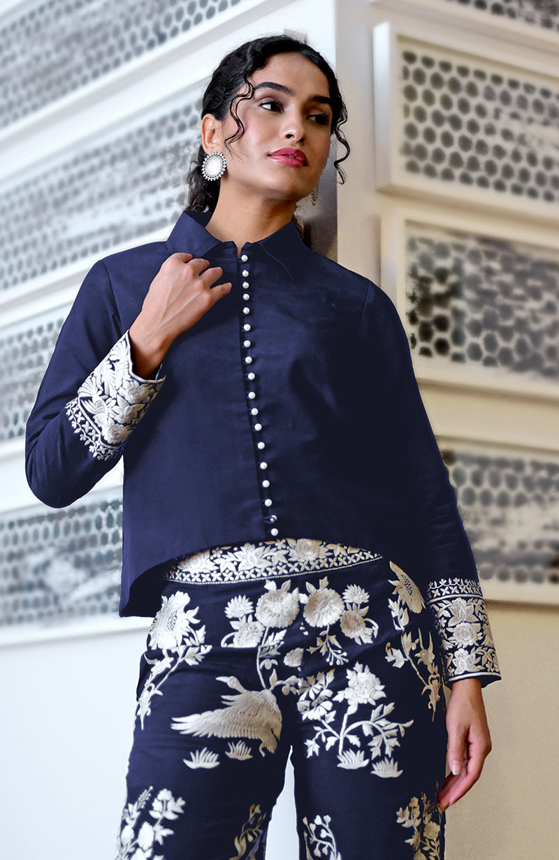 Navy Blue Parsi Gara Embroidered Co-Ord Set