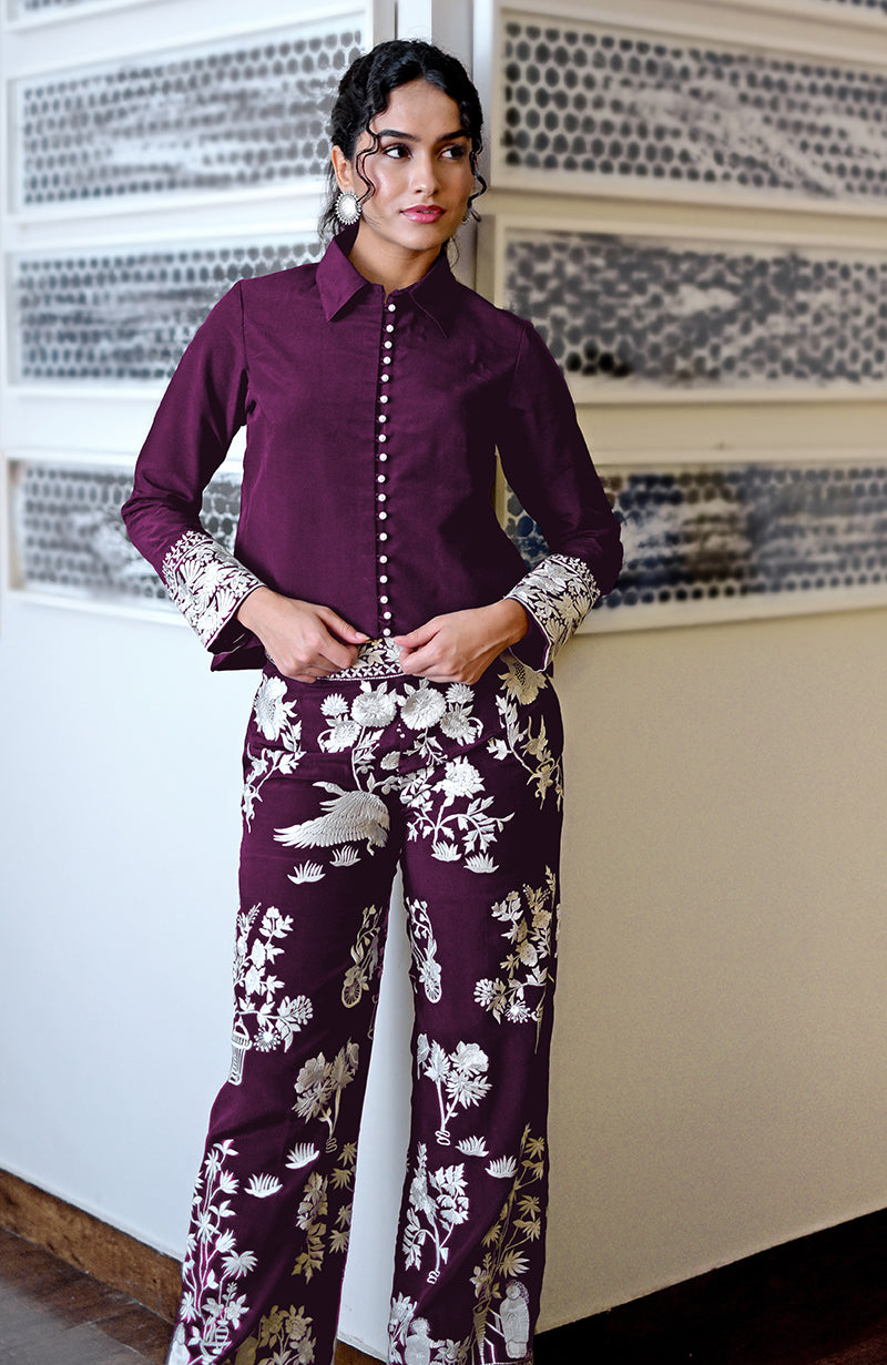 Plum Parsi Gara Embroidered Co-Ord Set