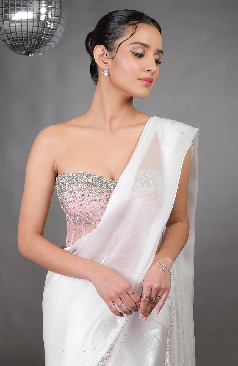 Amor Hand Embroidered Corset with Silver Light Saree
