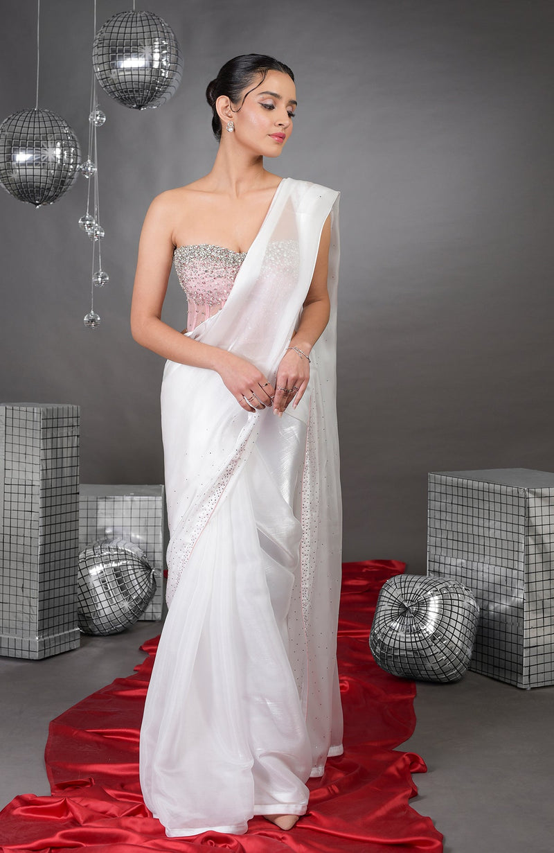 Amor Hand Embroidered Corset with Silver Light Saree