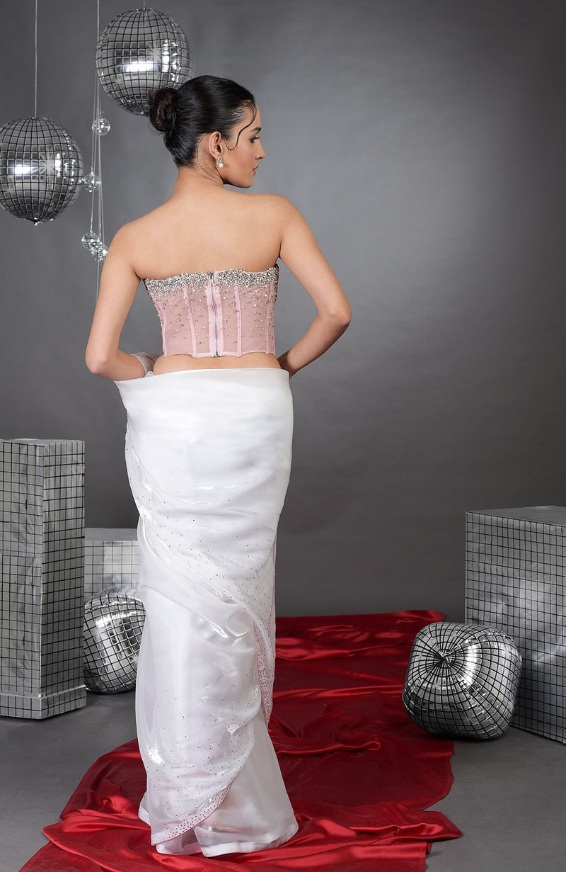 Amor Hand Embroidered Corset with Silver Light Saree