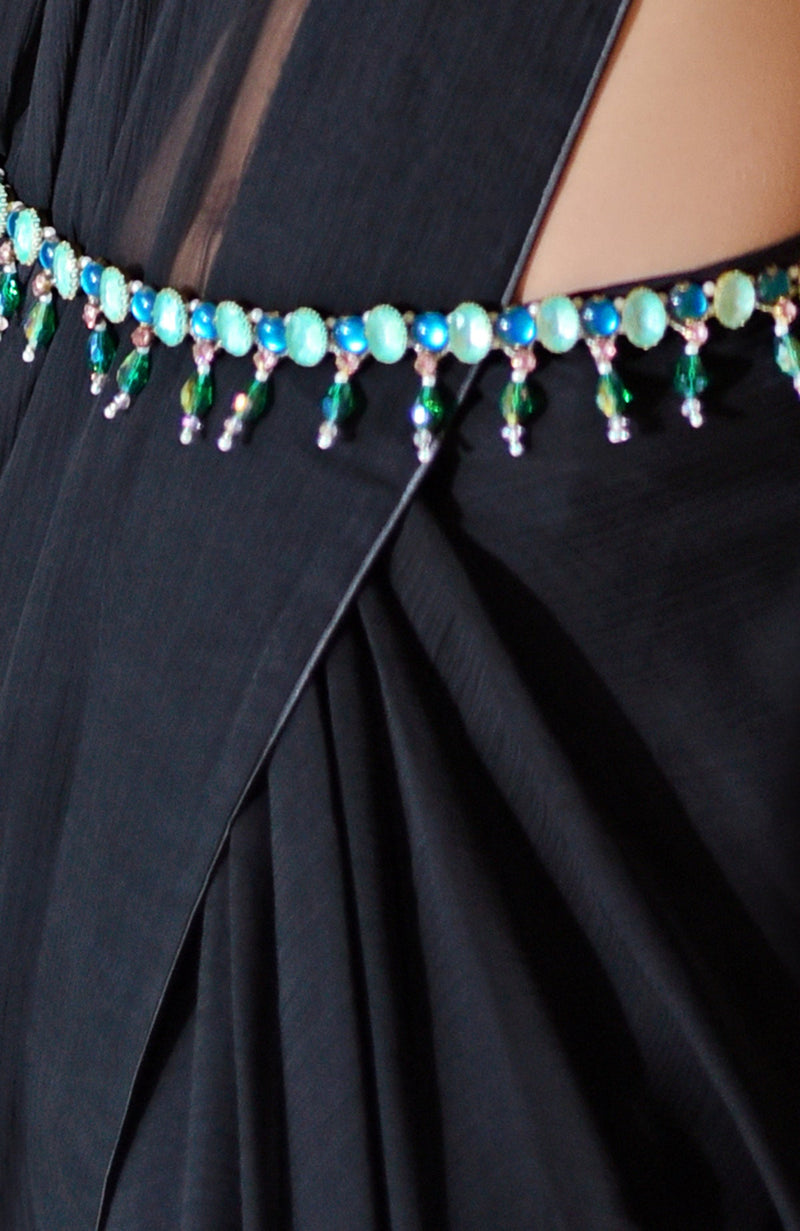 Black Chiffon Saree with Green Jewelled Crystal Belt