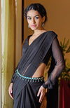 Black Chiffon Saree with Green Jewelled Crystal Belt