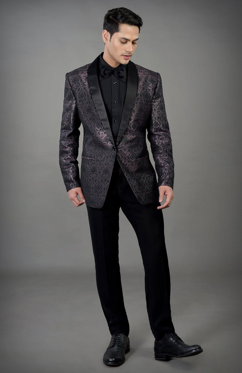 Black Woven Brocade Tuxedo Set
