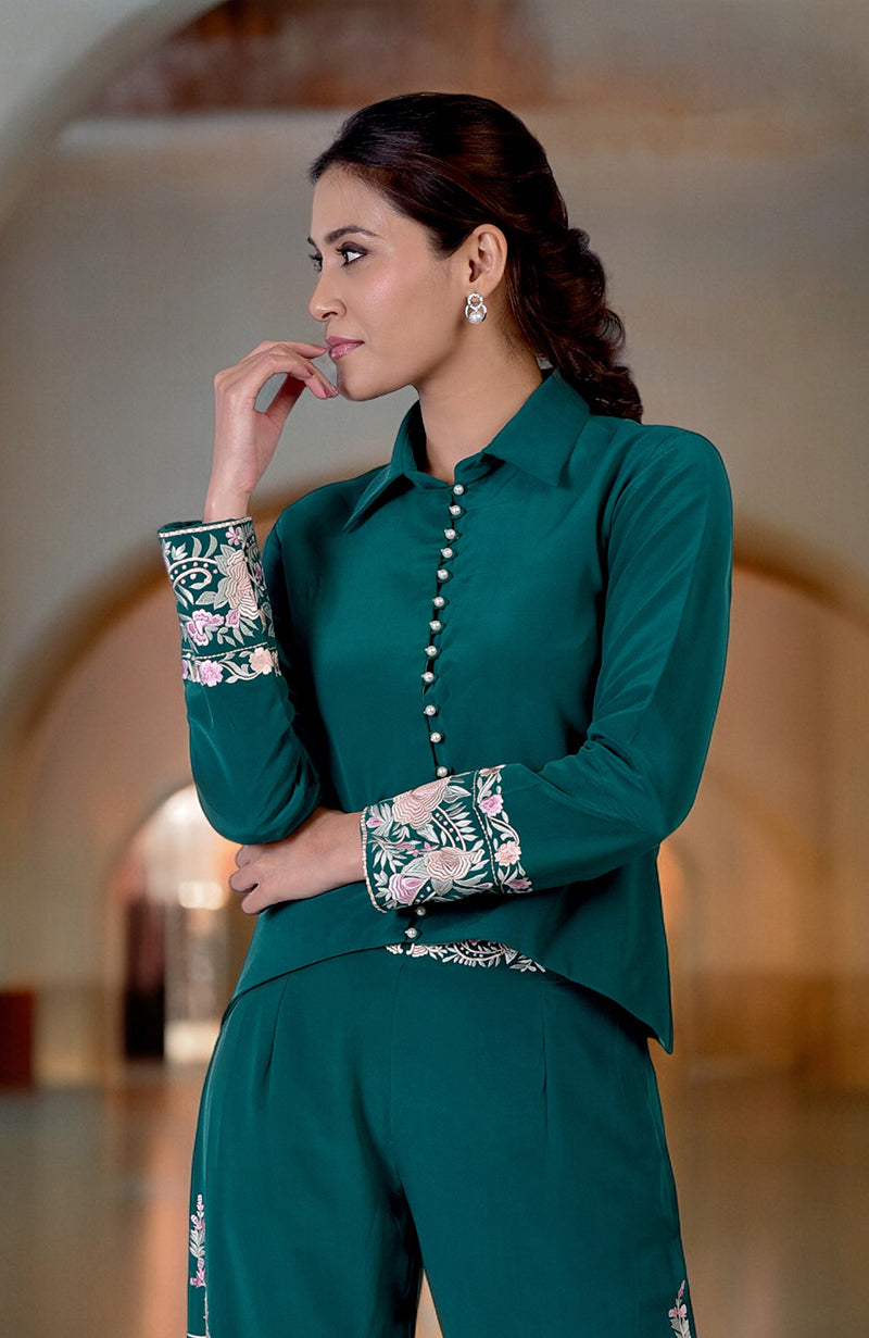 Green Parsi Gara Embroidered Co-Ord Set
