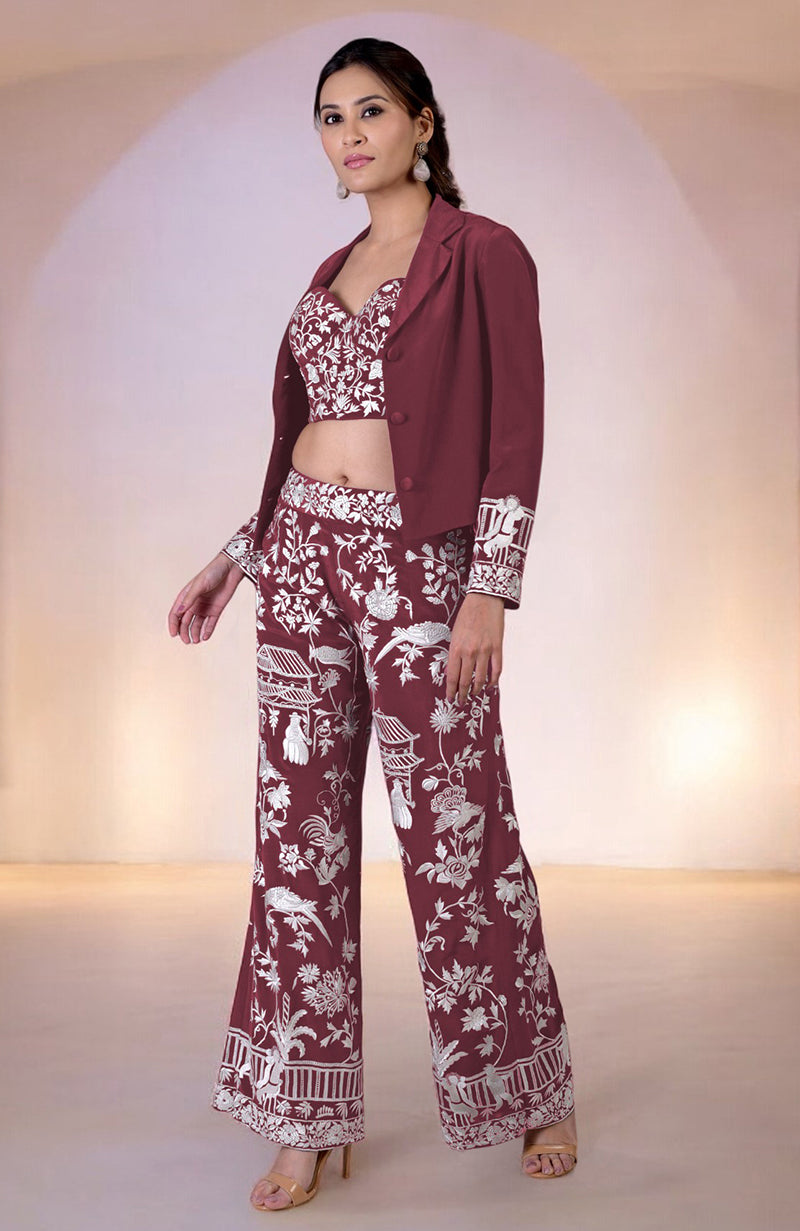 Olive Parsi Gara Embroidered Co-Ord Set