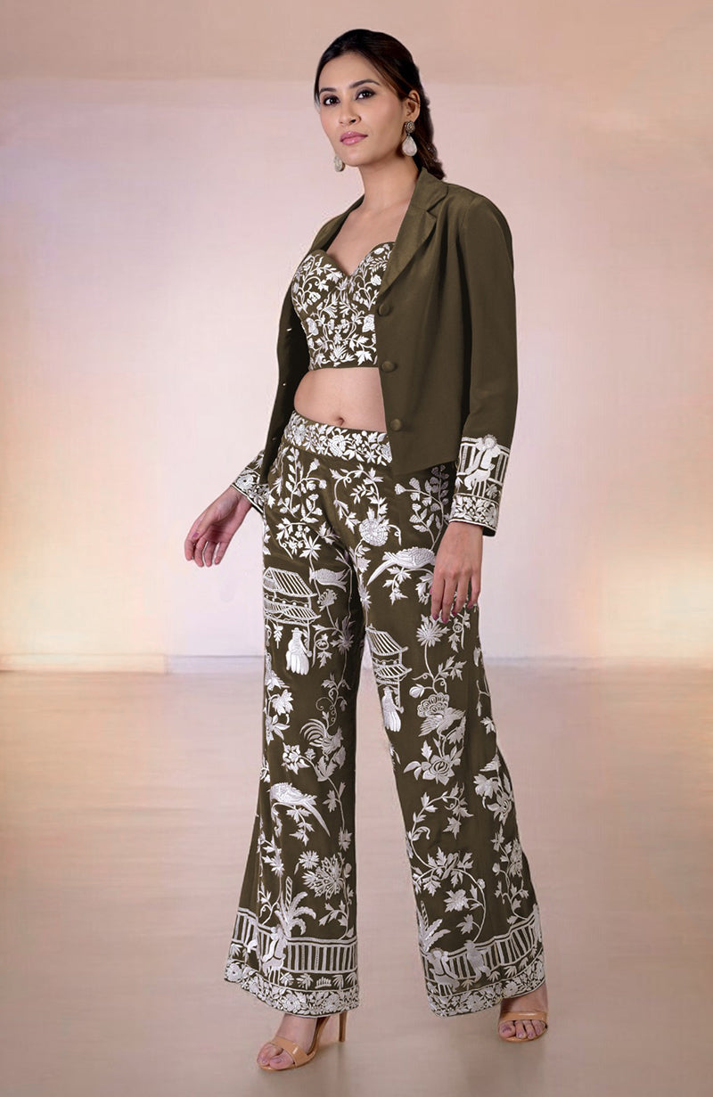 Olive Parsi Gara Embroidered Co-Ord Set