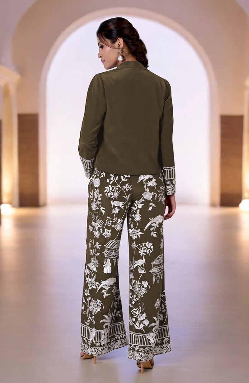 Olive Parsi Gara Embroidered Co-Ord Set