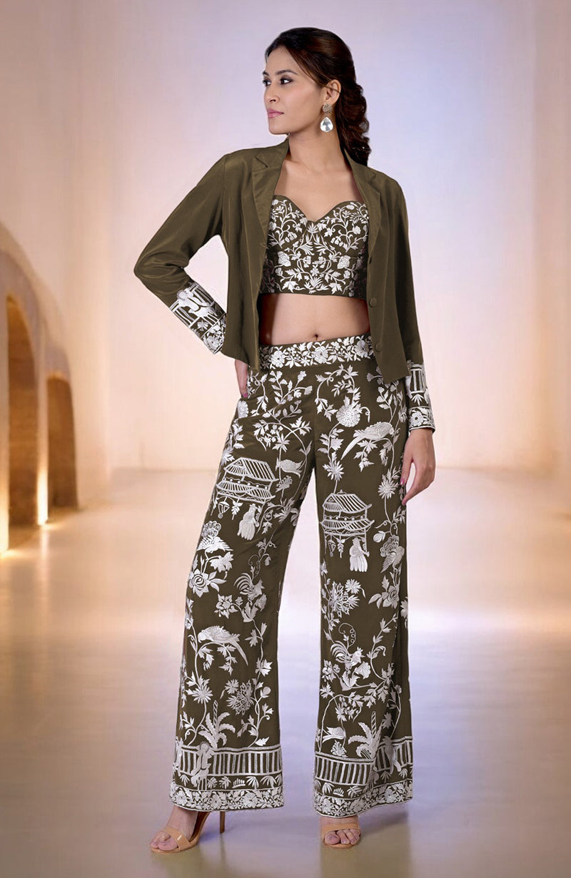 Olive Parsi Gara Embroidered Co-Ord Set