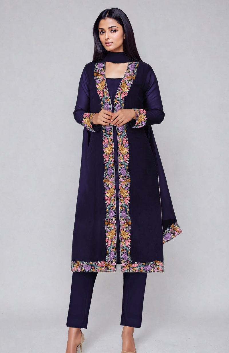 Navy Blue Parsi Gara Embroidered Overlay Suit