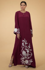 Burgundy- Ivory Floral & Birds Embroidered Kaftan