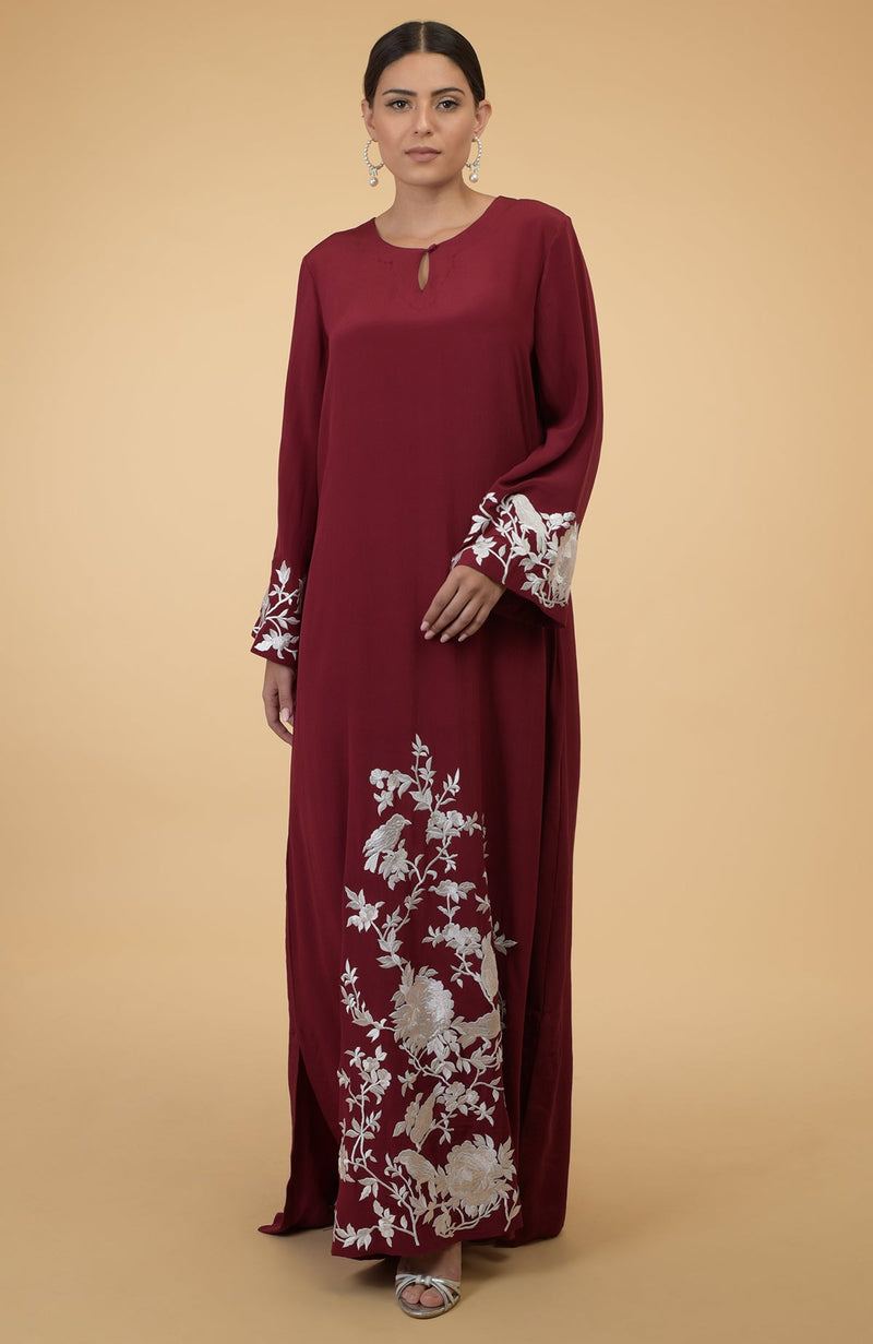 Burgundy- Ivory Floral & Birds Embroidered Kaftan