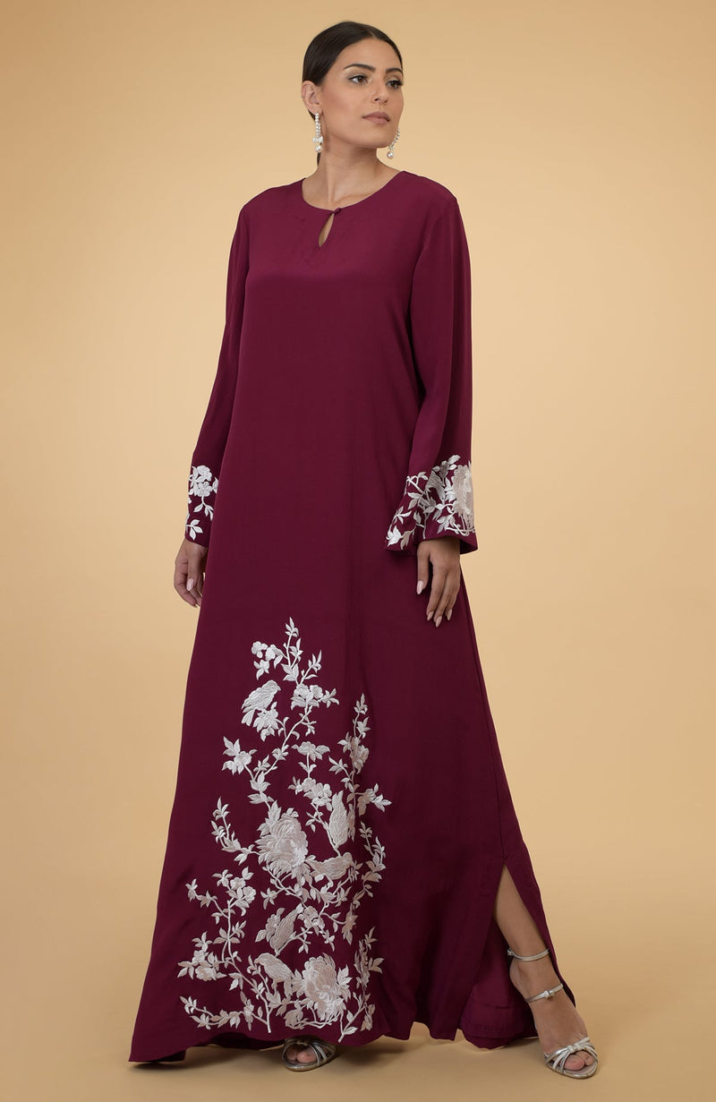 Burgundy- Ivory Floral & Birds Embroidered Kaftan