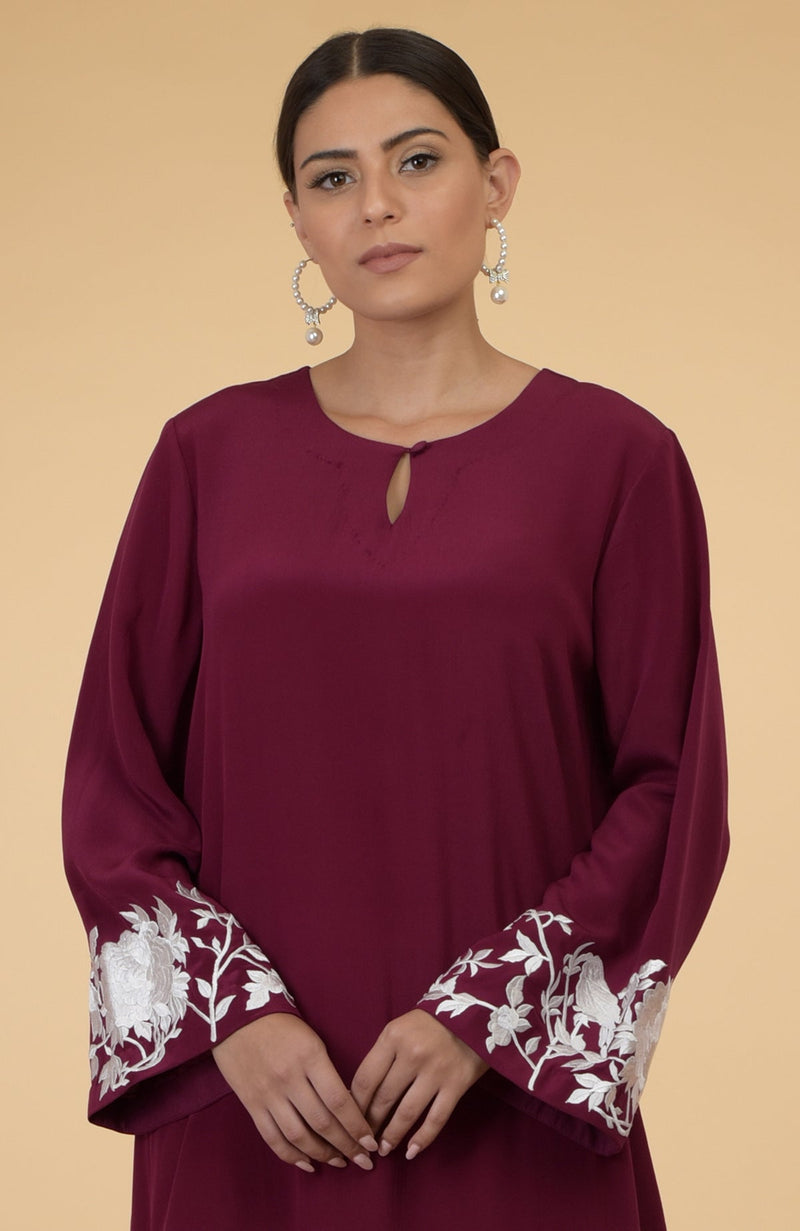Burgundy- Ivory Floral & Birds Embroidered Kaftan