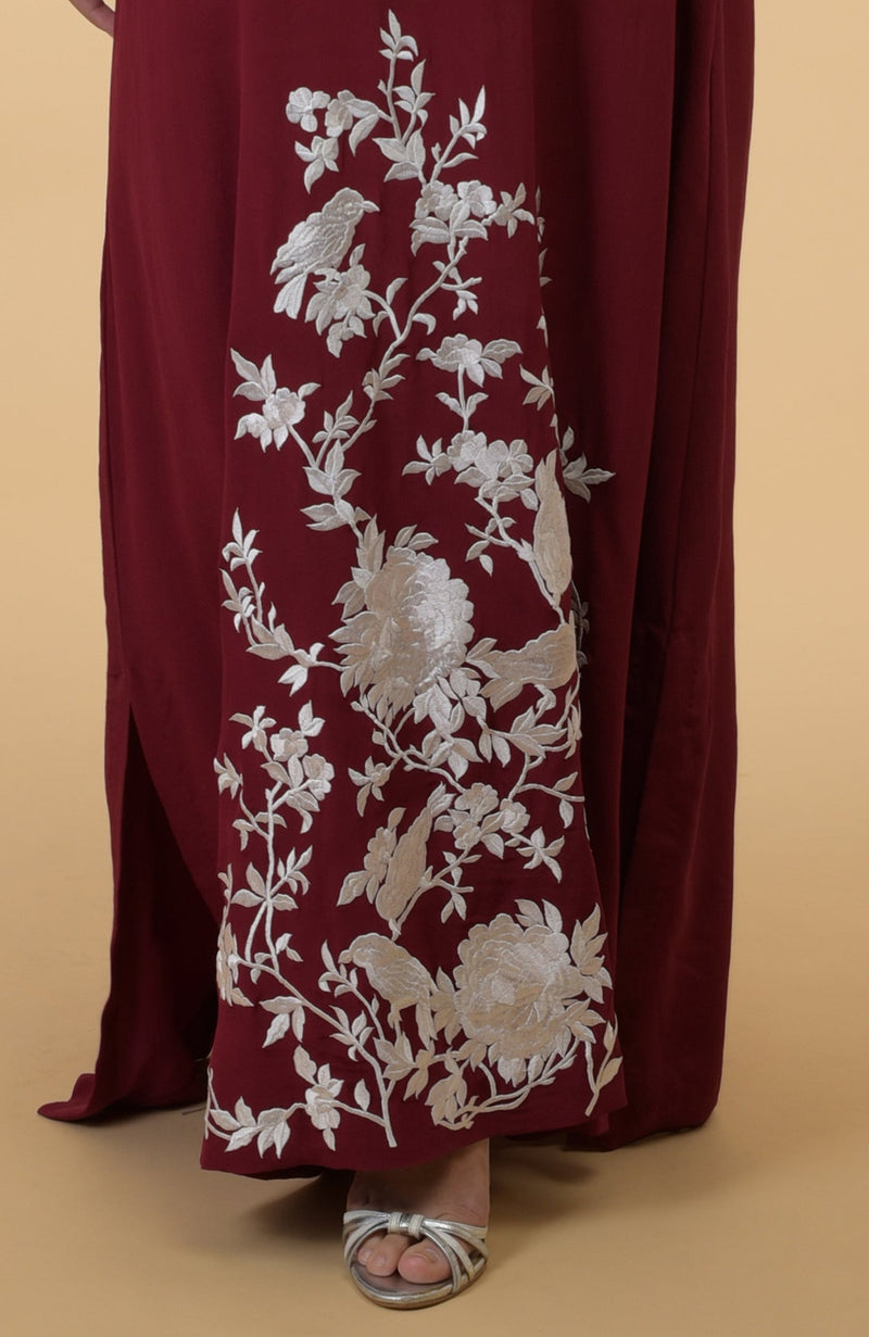 Burgundy- Ivory Floral & Birds Embroidered Kaftan