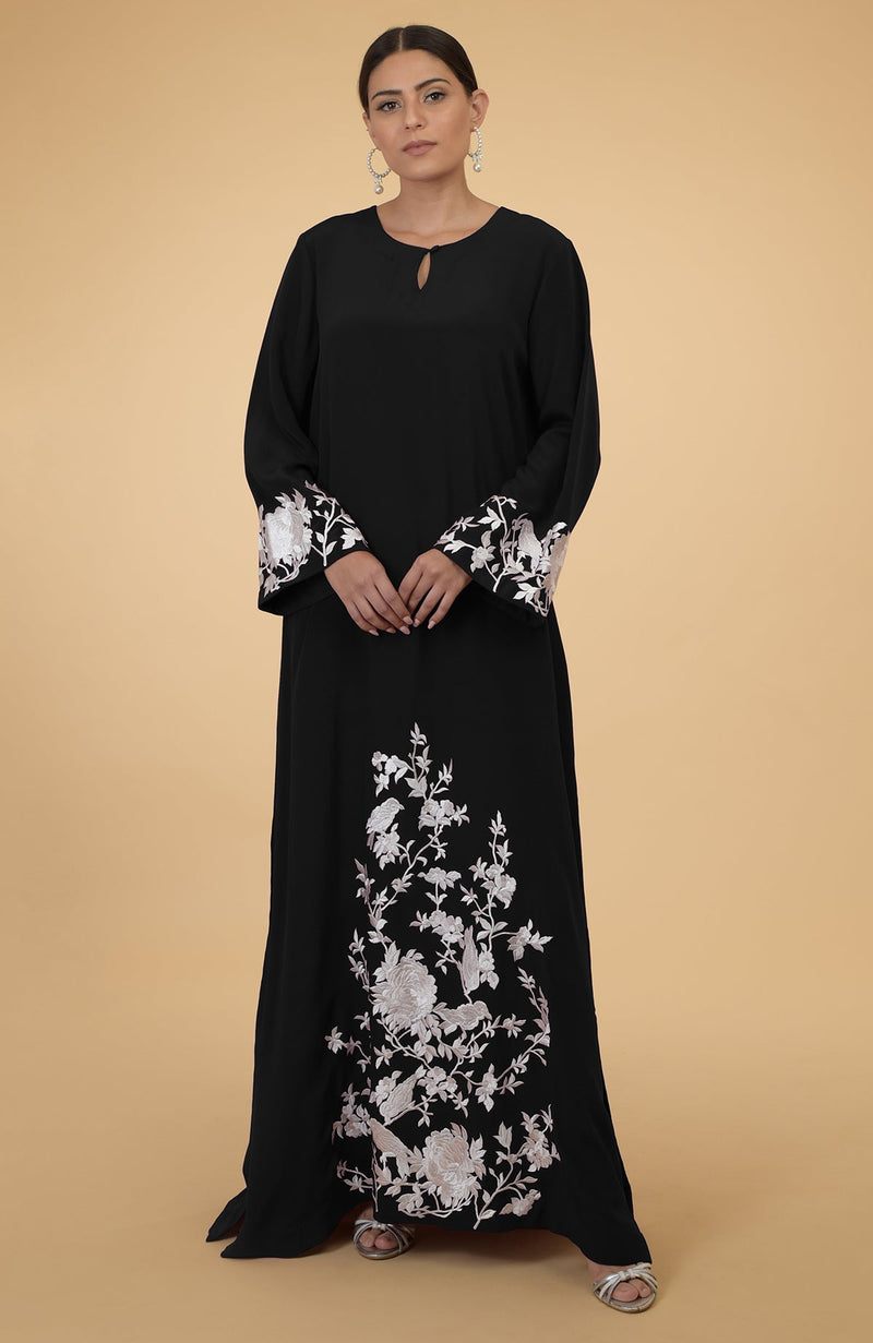 Burgundy- Ivory Floral & Birds Embroidered Kaftan