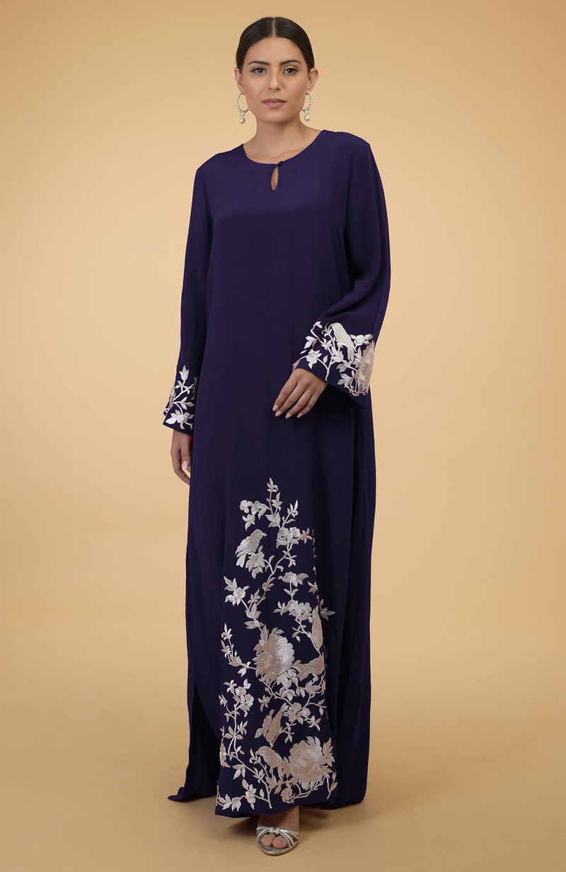 Burgundy- Ivory Floral & Birds Embroidered Kaftan