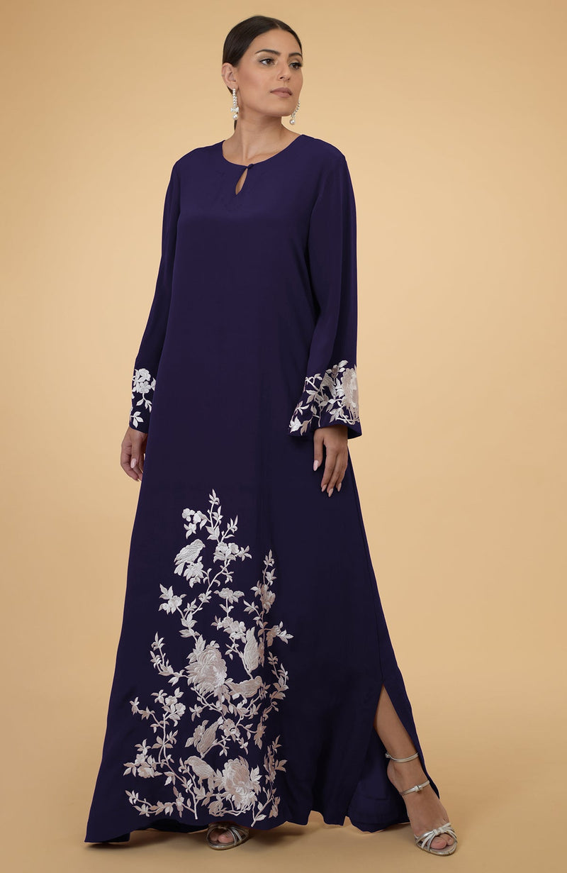 Eclipse Blue Floral & Birds Embroidered Kaftan