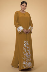 Muted Mustard Floral & Birds Embroidered Kaftan