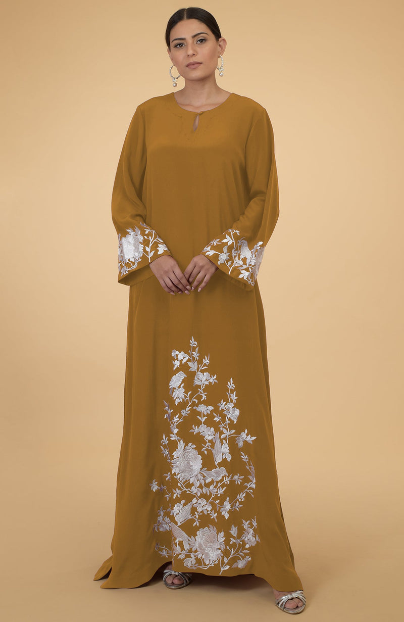 Burgundy- Ivory Floral & Birds Embroidered Kaftan
