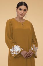 Muted Mustard Floral & Birds Embroidered Kaftan