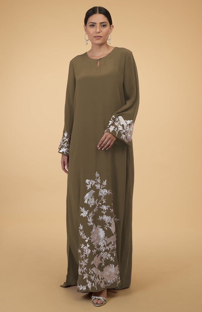 Olive Floral & Birds Embroidered Kaftan