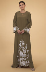 Olive Floral & Birds Embroidered Kaftan