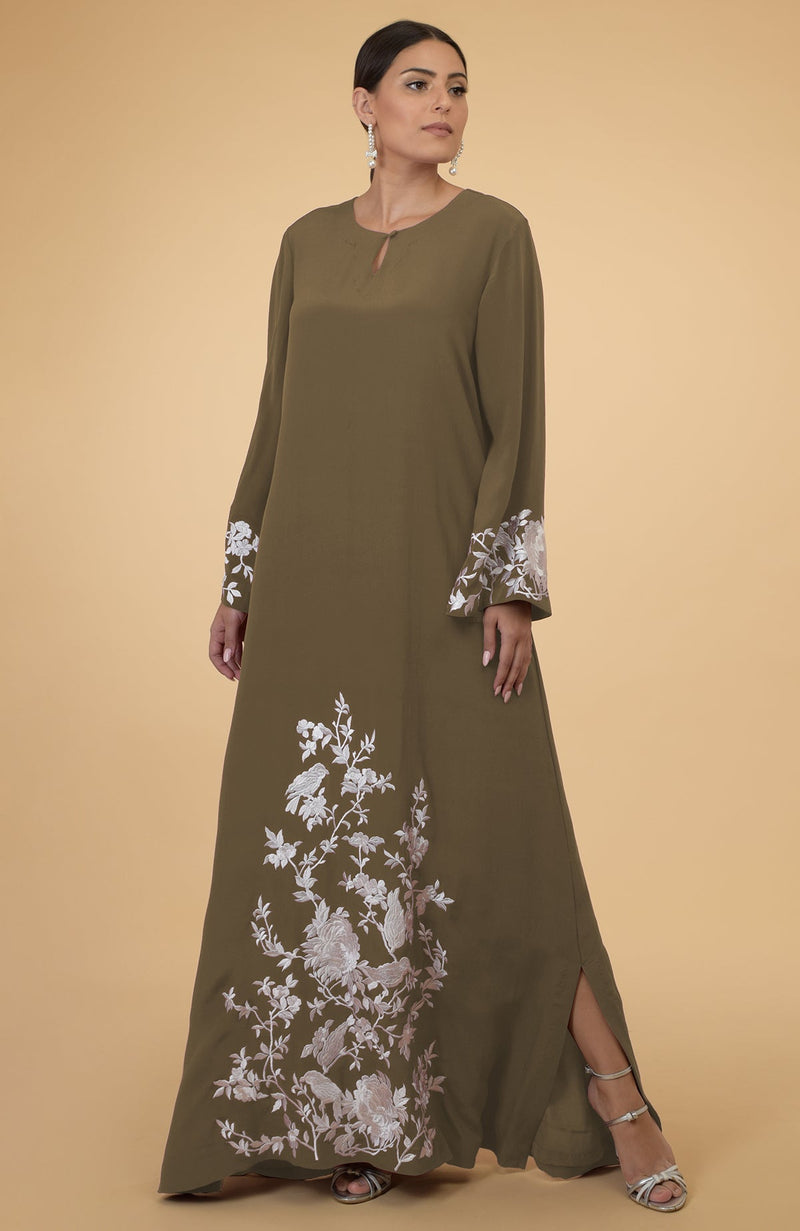 Olive Floral & Birds Embroidered Kaftan