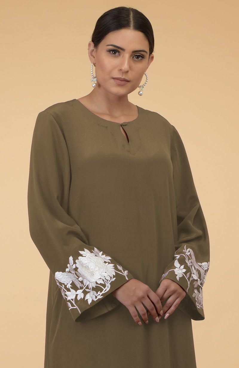 Olive Floral & Birds Embroidered Kaftan