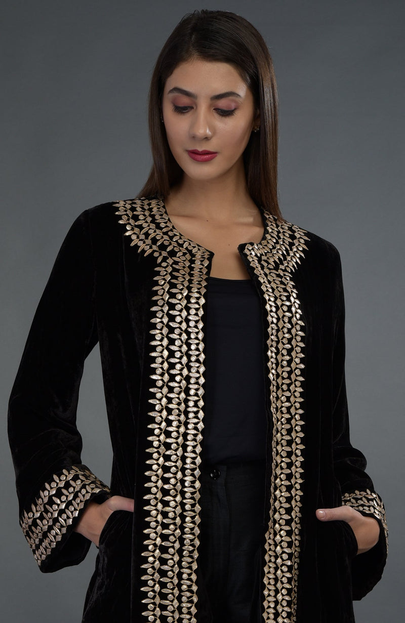 Black Gota Patti Hand Embroidered Silk Velvet Jacket