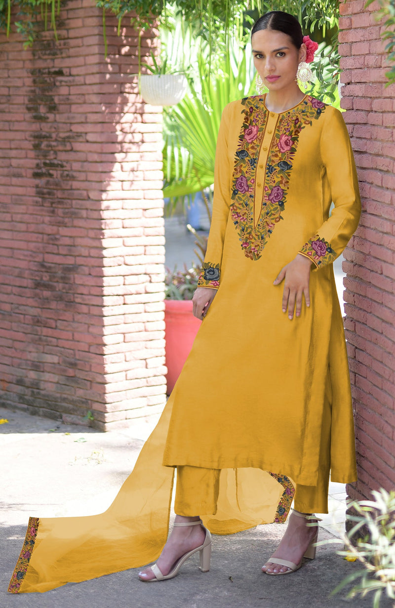 Calendula Yellow Parsi Gara Embroidered Kurta Set